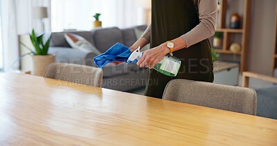 Buy stock photo Hands, cleaning with person with bottle in home for housekeeping, hygiene and maintenance on weekend. Surface, bacteria and wooden table with detergent in house for germs, disinfection and sanitation