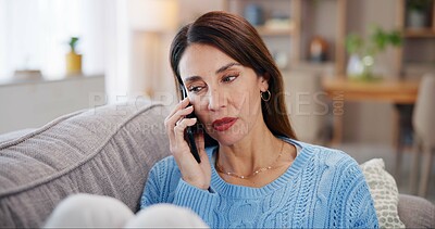 Buy stock photo Listening, phone call and mature woman on sofa in living room for conversation, gossip news or weekend plans. Relax, thinking and female person in apartment for talking, mobile communication or break