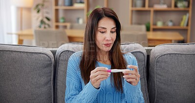 Buy stock photo Pregnancy test, waiting and woman on sofa for fertility treatment, ivf success and family planning. Home, pregnant and person with medical stick for news, maternity and health on couch in living room