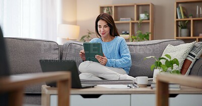 Buy stock photo Woman, smile and relax with tablet on sofa for online communication, network and reading news. Home, peace and female person with technology in living room for website, research and connectivity