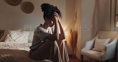 Buy stock photo Sad, woman and relax with stress in bedroom of insomnia, depression and remember memory of trauma anxiety. Tired, girl and lonely morning with broken heart, reflection and psychology crisis at house