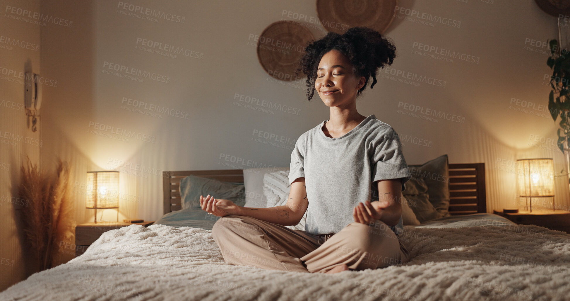 Buy stock photo Woman, fitness and yoga in apartment for meditation, mindfulness and holistic health on bed with peace. Female person, calm and relax in home for zen, chakra and healthy mind with wellness exercise