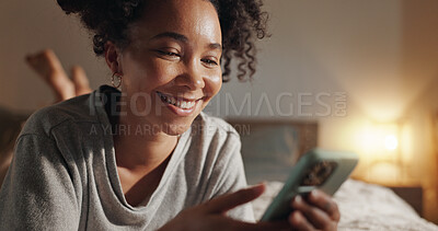 Buy stock photo Woman, scroll and phone on bed for social media surfing in home, typing message and notification. Female person, bedroom and online for morning communication, reading ebook and weekend in apartment