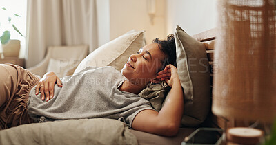 Buy stock photo Woman, thinking and relax in bedroom, comfortable and morning peace for reflection in home. Female person, happy and chilling on bed for contemplating, apartment and ponder perspective on weekend