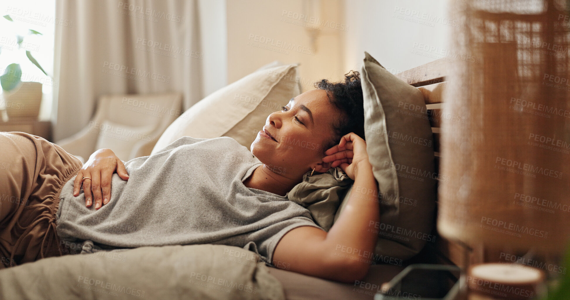 Buy stock photo Woman, thinking and relax in bedroom, comfortable and morning peace for reflection in home. Female person, happy and chilling on bed for contemplating, apartment and ponder perspective on weekend