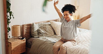 Buy stock photo Happy woman, wake up and stretching in bedroom or morning for rest, relax and comfort in home. Female person, peace and zen on weekend for calm, rest and wellness as positive, fresh and cozy in house