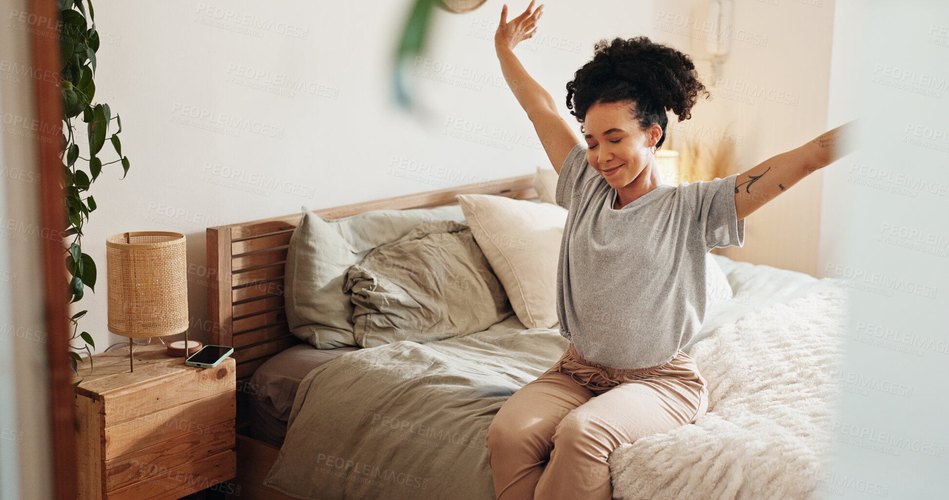 Buy stock photo Happy woman, wake up and stretching in bedroom or morning for rest, relax and comfort in home. Female person, peace and zen on weekend for calm, rest and wellness as positive, fresh and cozy in house