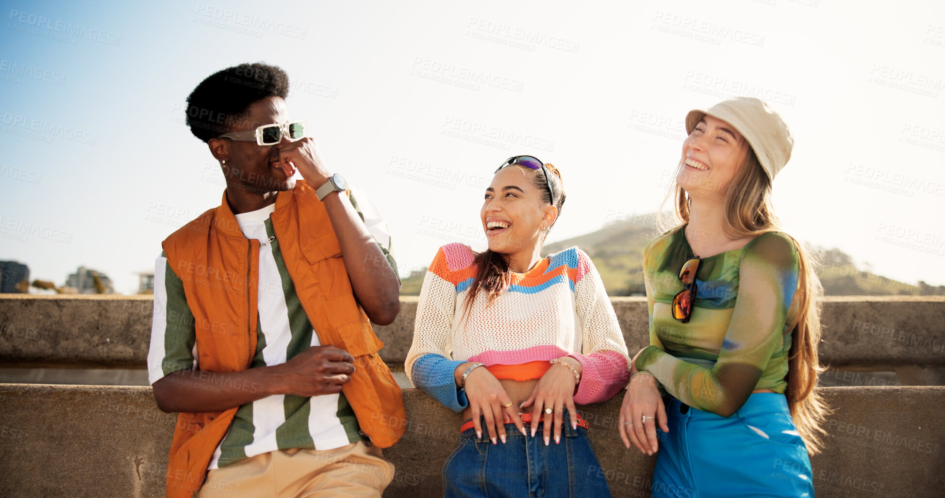 Buy stock photo City, funny and friends with laughing for fashion, streetwear and bonding together with gen z style. Diversity, man and women on bridge for summer clothes, sunglasses and happy with reunion outdoor