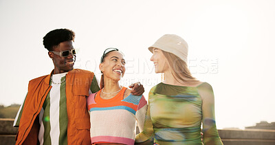 Buy stock photo City, hug and friends with walking for fashion, streetwear and bonding together with gen z style. Diversity, man and women with laughing for summer clothes, sunglasses and happy with reunion outdoor