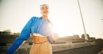 City, gen z or portrait of woman for fashion, streetwear and confidence for cool clothes with pride. Urban bridge, female person or edgy girl on holiday with unique style for attitude, trendy or swag