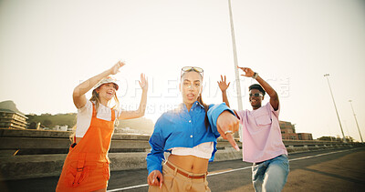 Buy stock photo City, portrait and group of happy people with dance, diversity and cool streetwear style at sunset. Excited, smile and gen z friends with urban fashion, positive energy and bonding in street together