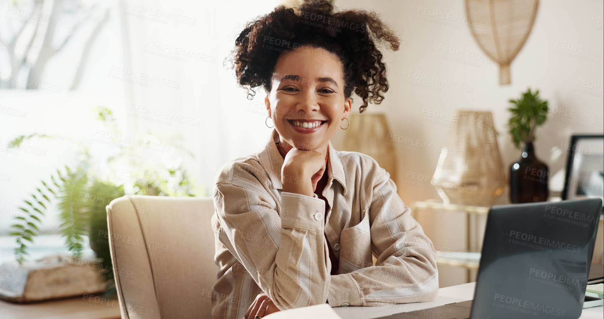 Buy stock photo Laptop, portrait and happy woman at desk in home office for online report, confidence or business plan. Computer, relax and creative consultant with remote work, smile or freelance project management