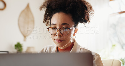 Buy stock photo Laptop, reading and woman at desk in home office with online report, schedule or email. Computer, remote work and consultant checking business plan, news or website for freelance project management