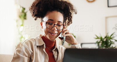 Buy stock photo Remote work, phone call and woman with smile, laptop and communication for online schedule. Contact, smartphone and happy consultant at desk in home office with conversation for freelance business