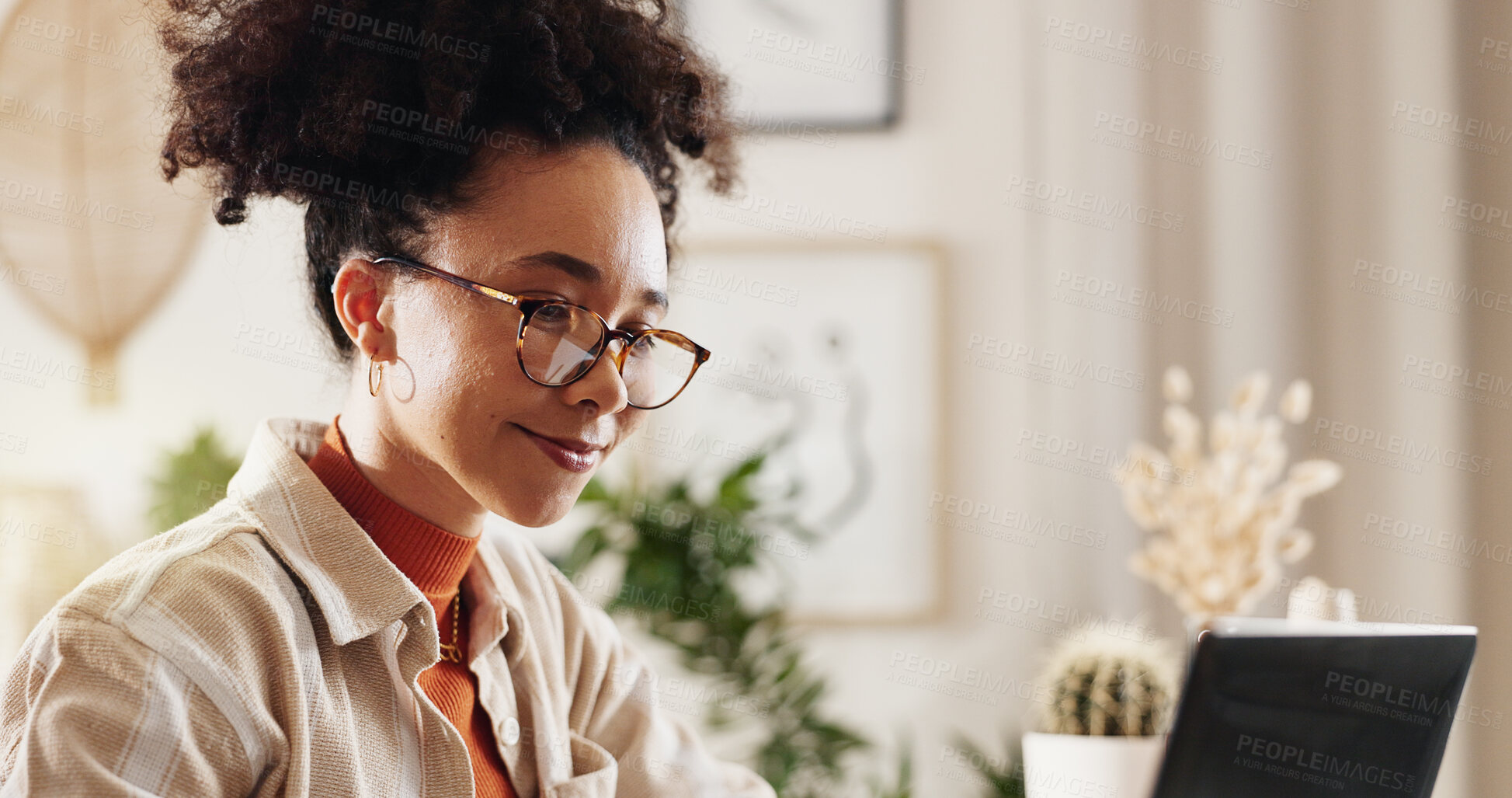 Buy stock photo Laptop, search and woman at desk in home office with online report, schedule or email. Computer, remote work and consultant reading business plan, news or website for freelance project management