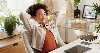 Buy stock photo Break, relax and woman in home office resting with complete project, report or work deadline. Calm, finish or relieved professional female journalist at desk stretching arms for freelancing job done