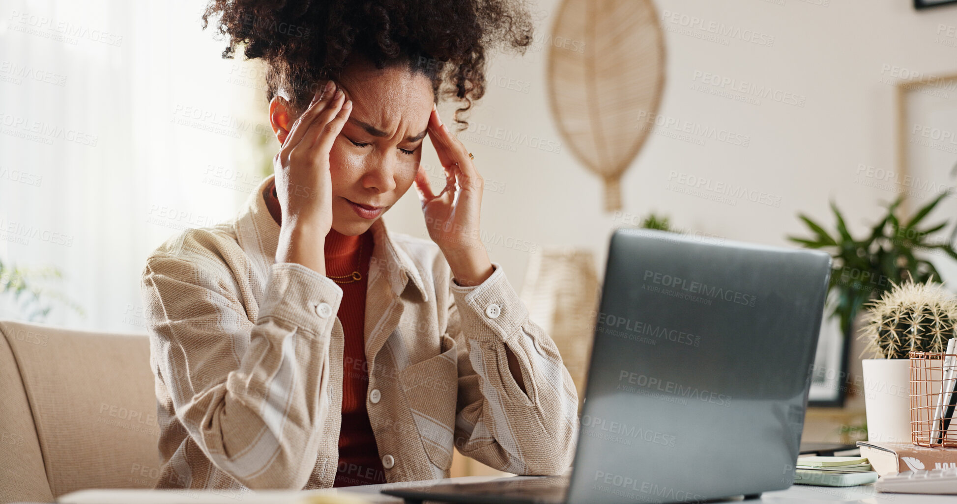 Buy stock photo Stress, fatigue and woman in office with headache, exhausted and business burnout with laptop. Overworked, frustrated and tired businesswoman at desk with brain fog, pressure and head pain massage