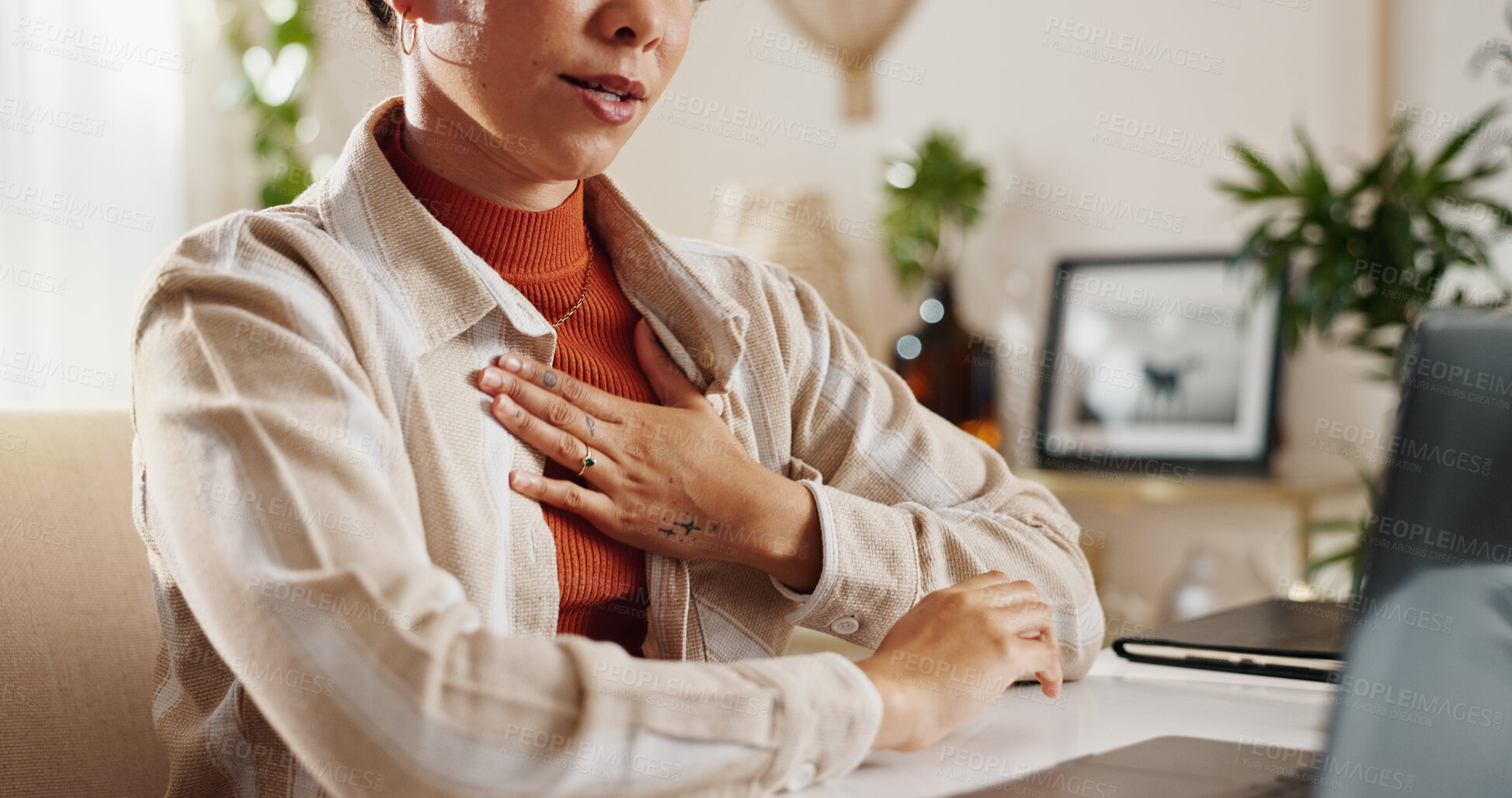 Buy stock photo Chest pain, heartburn and business woman in office for stress, overworked and heart attack. Indigestion, cardiac arrest and emergency with closeup of person and hand for tension and mental health