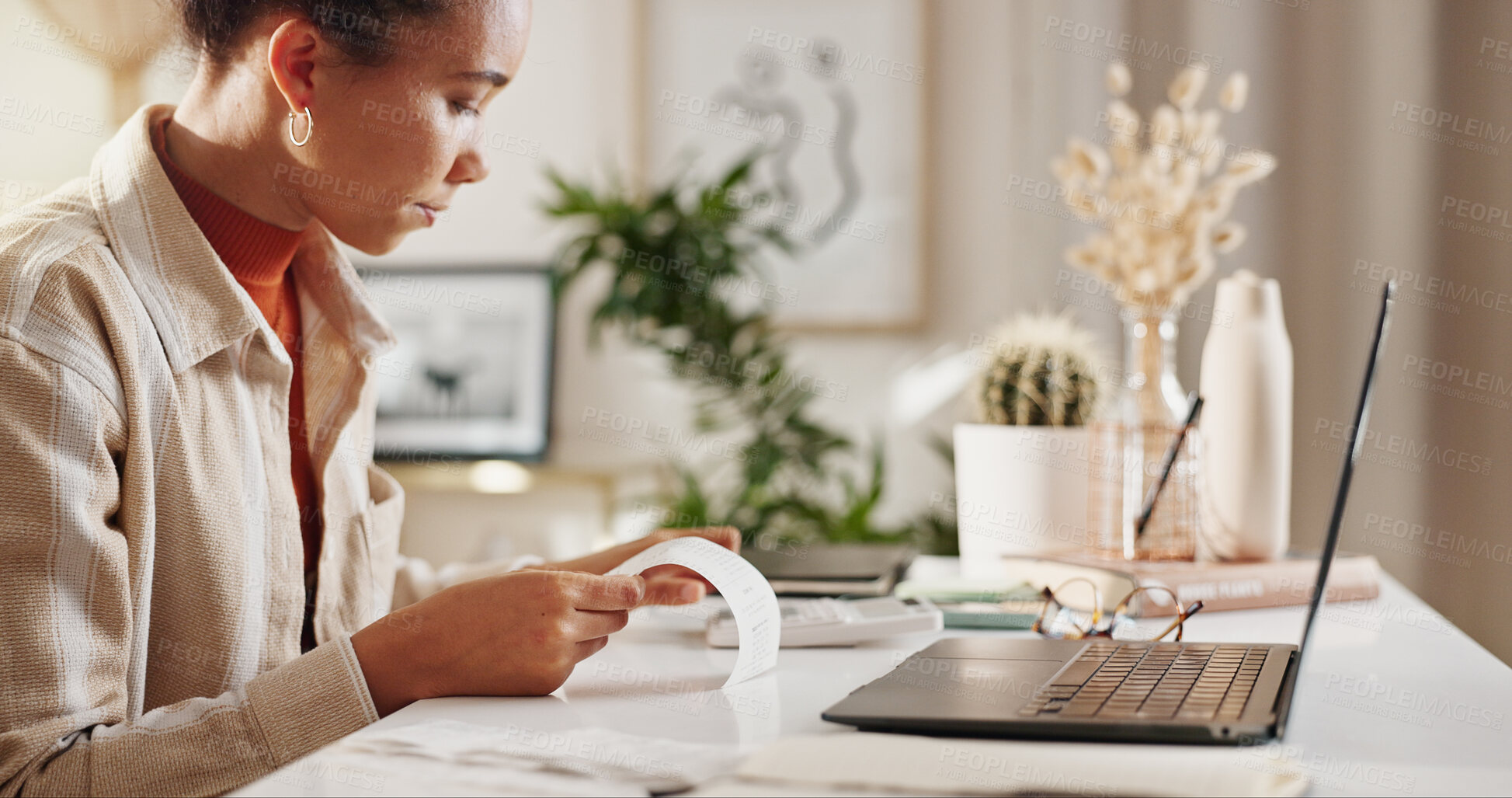 Buy stock photo Laptop, taxes and woman at desk in home office with financial bills, invoice or paperwork. Computer, remote work and consultant reading budget plan, business finance report or freelance project cost