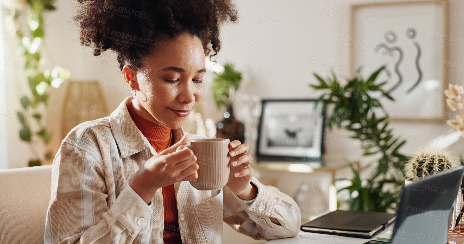 Buy stock photo Thinking, coffee and woman in home office with laptop, online project management and peace at desk. Computer, remote work and happy consultant with drink, relax and inspiration for freelance business