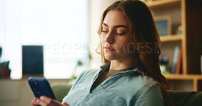 Buy stock photo Home, relax and woman with phone in living room for online communication, network and reading text. Internet, connection and female person with technology in house for notification of social media