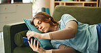 Bored, woman and relax with phone on couch for communication, social media and reading notification. Tired, girl and mobile for message error, online chat or stress with game fail of mistake at house