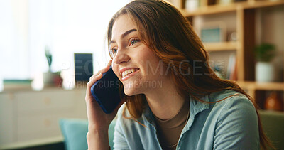 Buy stock photo House, phone call and woman with smile, conversation and relax with discussion, talking and network. Apartment, person and girl with smartphone, mobile user and chatting to contact and communication