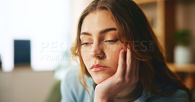 Buy stock photo House, thinking and woman with doubt, sad and decision with depression, fatigue and mental health. Apartment, person and girl on sofa, stress and lonely with choice, tired or confused with anxiety