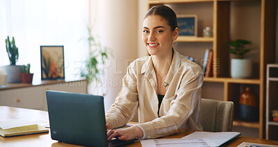 Buy stock photo Woman, face and laptop with document at house for loan approval, bank application and budget planning. Girl, online taxes and review paperwork with mortgage, financial invoice and investment report