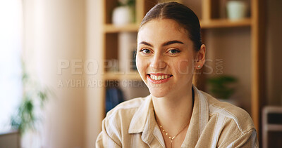 Buy stock photo Portrait, remote work and smile of woman in home office for small business startup as entrepreneur. About us, design and face of happy freelance employee in apartment for creative or hybrid work