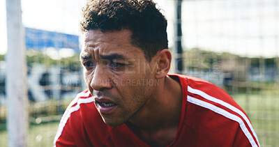 Buy stock photo Soccer, goalkeeper and man training for sport, competition and match at field outdoor for fitness. Football player, goalie and person at stadium with concentration, thinking face or tired of defence