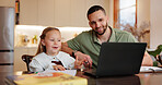 Homework, father and girl with pc, help and education with elearning, talking and child development. Apartment, happy family or parent with dad, daughter or laptop with knowledge, teaching or support