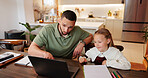 Homework, father and girl with laptop, help and education with elearning, talking and learning. Apartment, happy family and parent with dad, daughter and computer for studying, knowledge and support