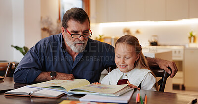 Buy stock photo Teaching, reading and homework with grandfather and child for education, support and school project. Learning, knowledge and books with senior man and girl in family home for academic tutor
