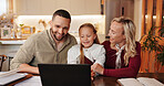 Parents, girl and happy in home on laptop with subscription for cartoons, movies or entertainment. Family, people and smile or satisfied with kid on internet or online for growth or child development