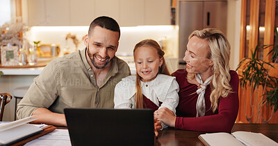 Buy stock photo Parents, girl and happy in home on laptop with subscription for cartoons, movies or entertainment. Family, people and smile or satisfied with kid on internet or online for growth or child development