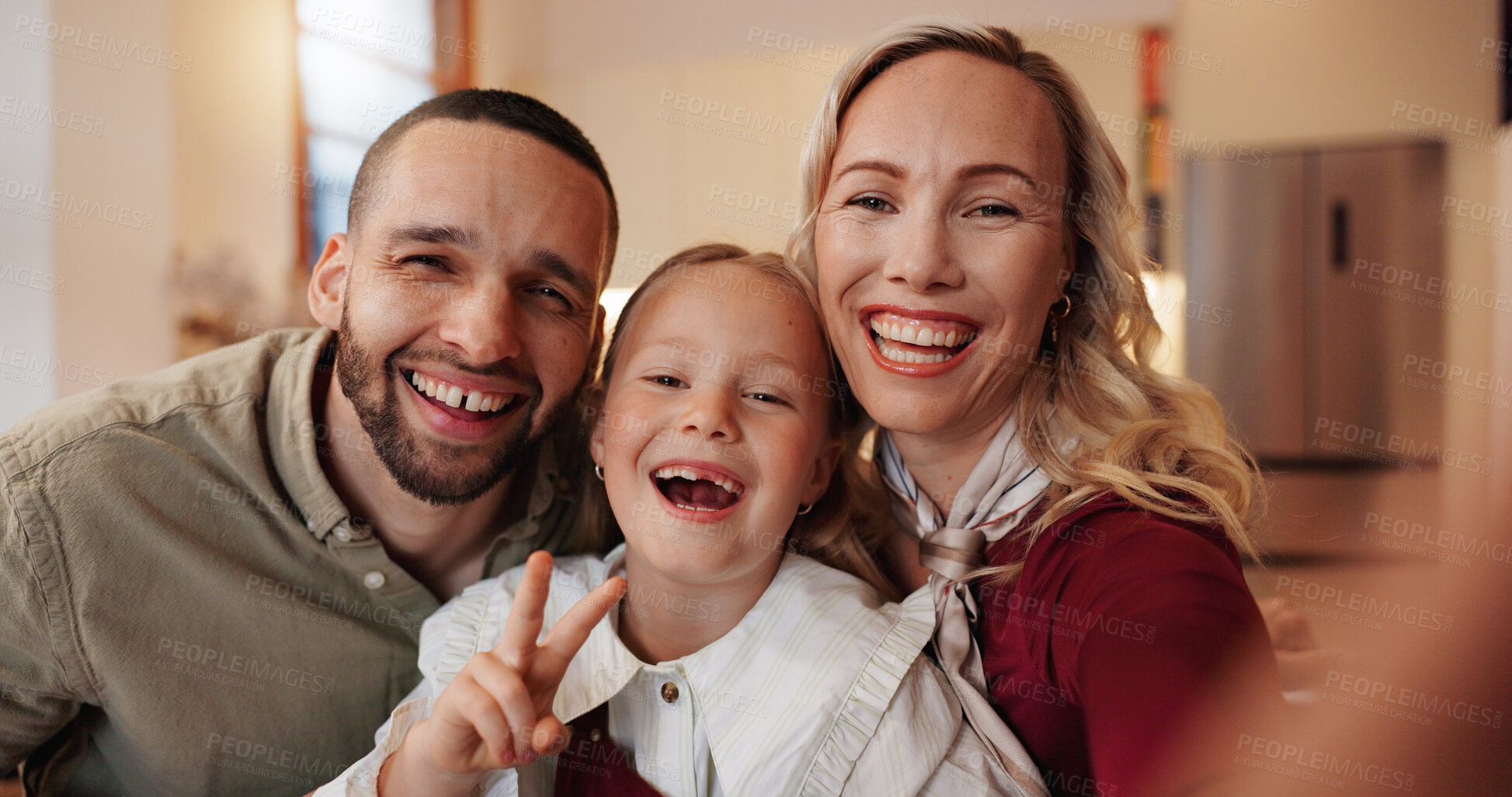 Buy stock photo Father, child and mother in selfie portrait on couch with happiness, love and support in home. Family, peace sign and smile together in living room, apartment or relax on sofa in house for care