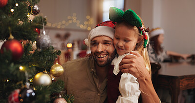 Buy stock photo Christmas, hug and tree with father and daughter for decoration, gift giving and festive season. Xmas, holiday and celebration with man and child in family home for tradition, noel and winter