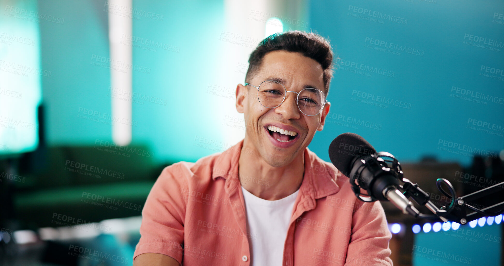 Buy stock photo Live streaming, man and happy as radio presenter with microphone, talk show or entertainment. Male person, content creator and podcast host in studio for recording audio or social media on portrait
