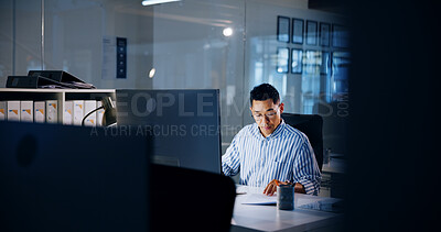 Buy stock photo Reading, night and computer with business man in office for profit margin report, client review and advisory. Corporate, stakeholder proposal and online with person for investment portfolio research