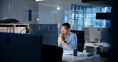 Buy stock photo Thinking, night and computer with business man in office for profit margin report, client review and advisory. Research, stakeholder proposal and reading with person for investment portfolio