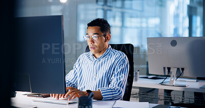 Buy stock photo Typing, research and computer with business man in office for profit margin report, client review and advisory. Online, stakeholder proposal and reading with person at night for investment portfolio