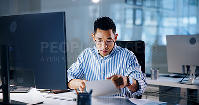 Buy stock photo Documents, research and computer with business man in office for profit margin report, client review and advisory. Project, stakeholder proposal and night with person for investment portfolio