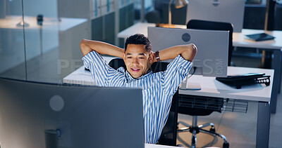 Buy stock photo Relax, computer and businessman in office at night with completed communications project for global client. Rest, satisfaction and public relations consultant with finished international deadline.