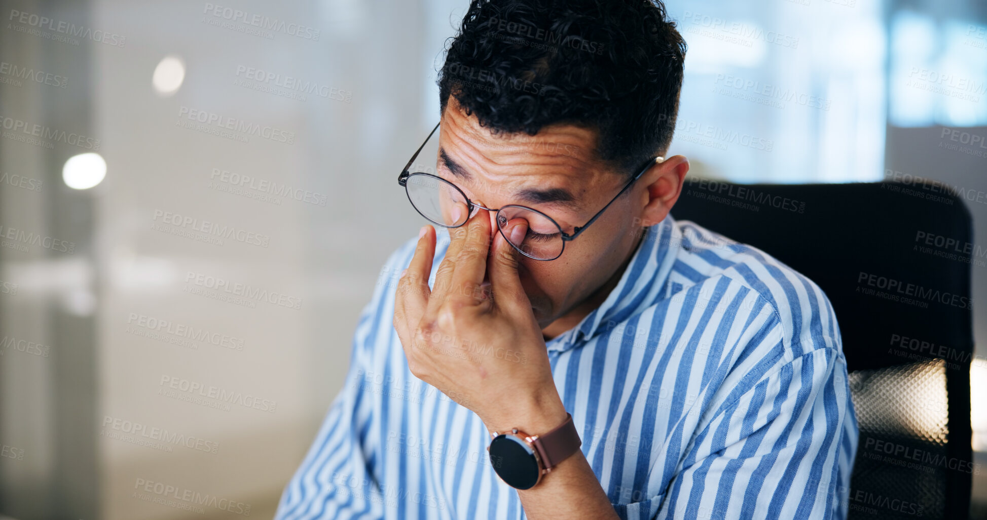 Buy stock photo Business man, tired and headache at night for project deadline, brain fog and frustrated with overtime. Employee, fatigue and stress for late evening, mistake and mental health in office with burnout