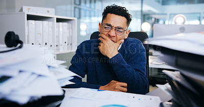 Buy stock photo Business man, tired and documents in office for project deadline, brain fog and frustrated with overtime. Employee, fatigue and overwhelmed for administration, crisis and mental health in workplace