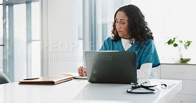 Buy stock photo Hospital, nurse and woman with laptop, writing and thinking with research, online reading and results. Person, medical or professional with computer, doctor or digital app with internet or connection