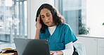 Stress, laptop and doctor in with headache at hospital for typing healthcare report for diagnosis. Fatigue, migraine and mature female medical worker with computer for virtual consultation at clinic.