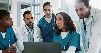 Buy stock photo Nurse, team or laptop with discussion in clinic for healthcare treatment plan and surgery feedback. Diversity, doctor and medical professional in hospital boardroom with technology for patient record