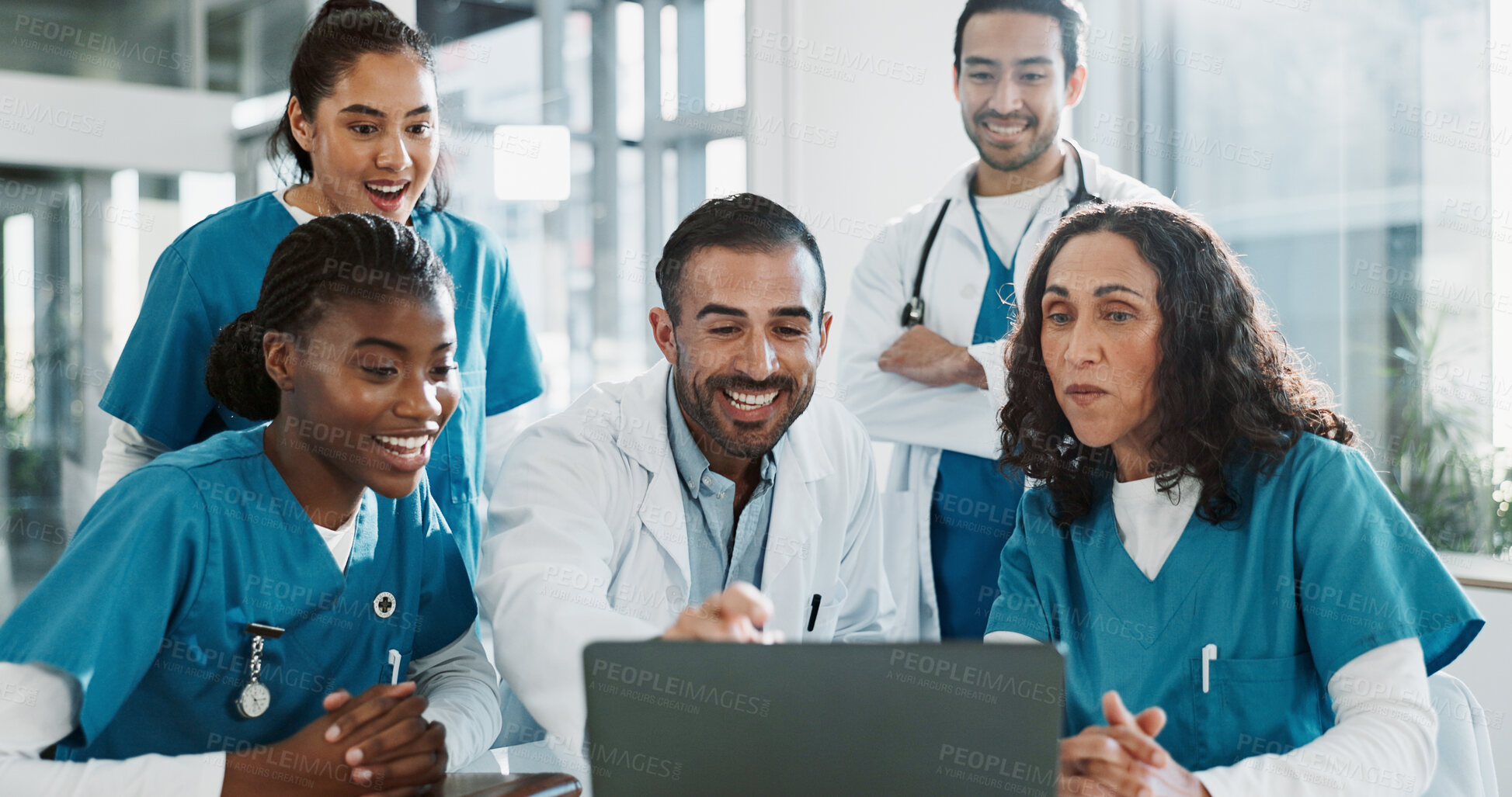 Buy stock photo Medical, team or laptop with discussion in clinic for healthcare treatment innovation or IRB approval report. Diversity, nurse or doctor staff in hospital boardroom with technology for patient record